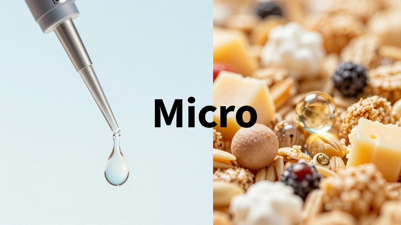 Micro-pipette dispensing liquid next to microscopic food enzyme particles