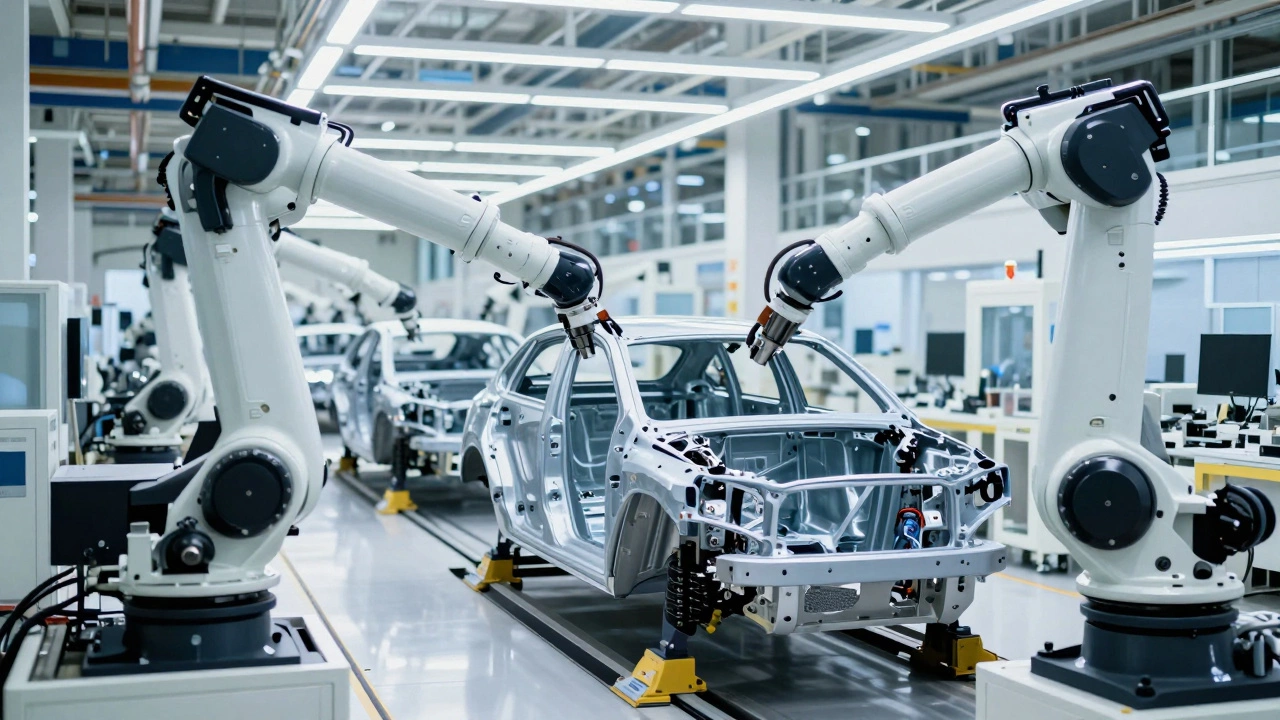 Robotic assembly line inside a modern car factory