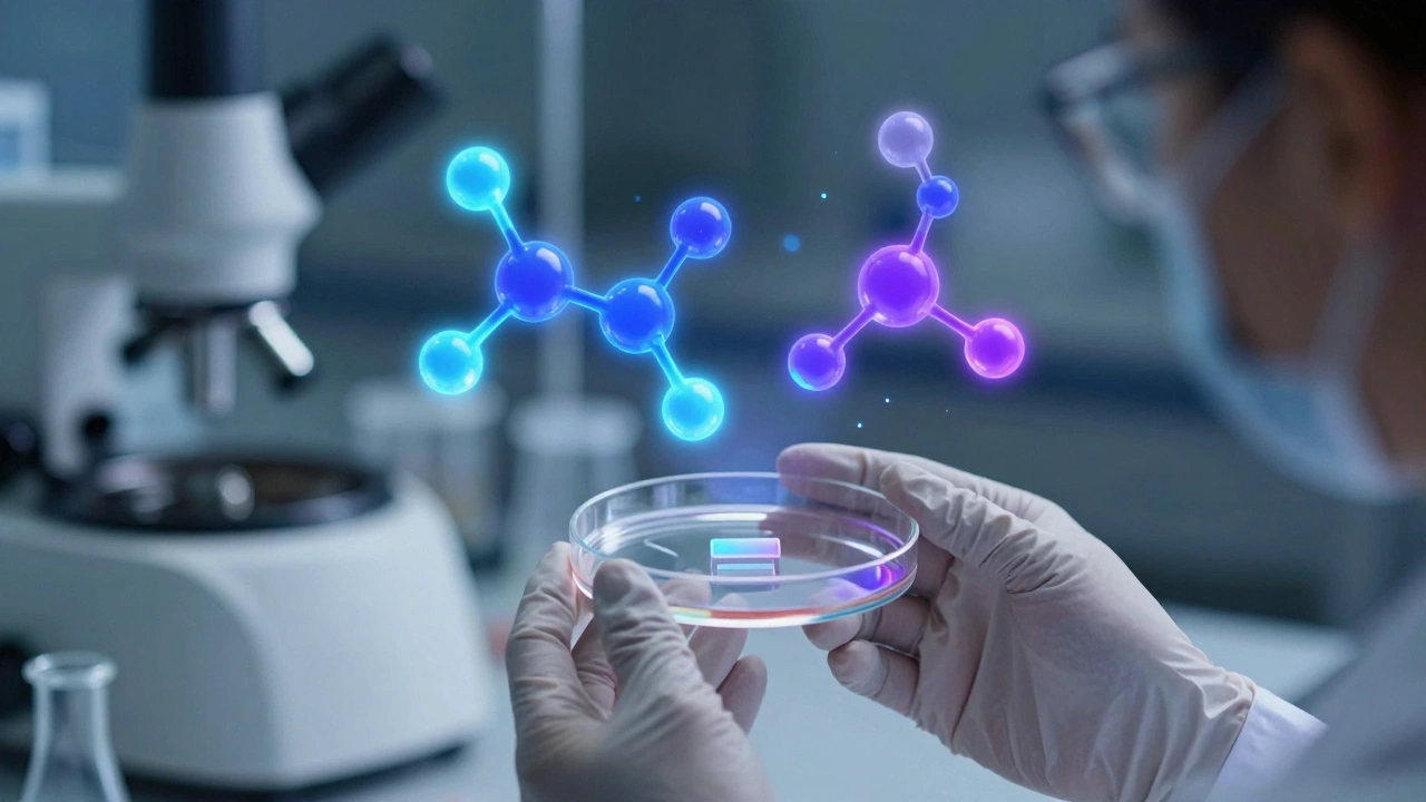 Scientist examining molecular structures in a high-tech lab setting