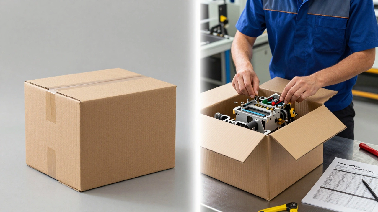 Split view contrasting simple trading boxes with complex manufacturing assembly