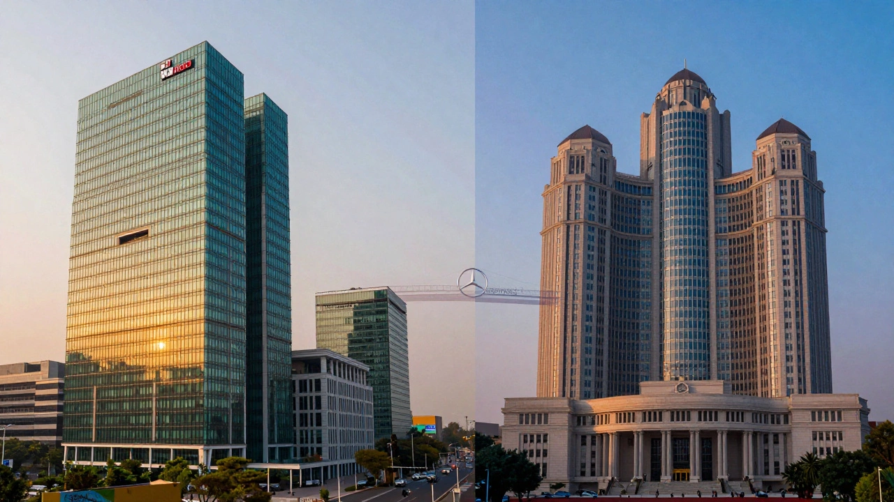 Split view of Tata Mumbai and Mercedes Stuttgart HQs