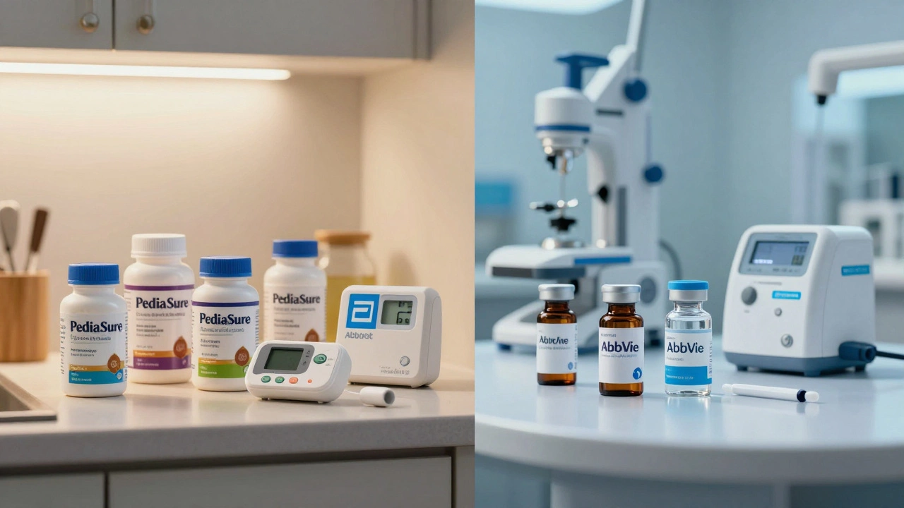 Split view showing Abbott nutrition products and AbbVie biopharma drugs