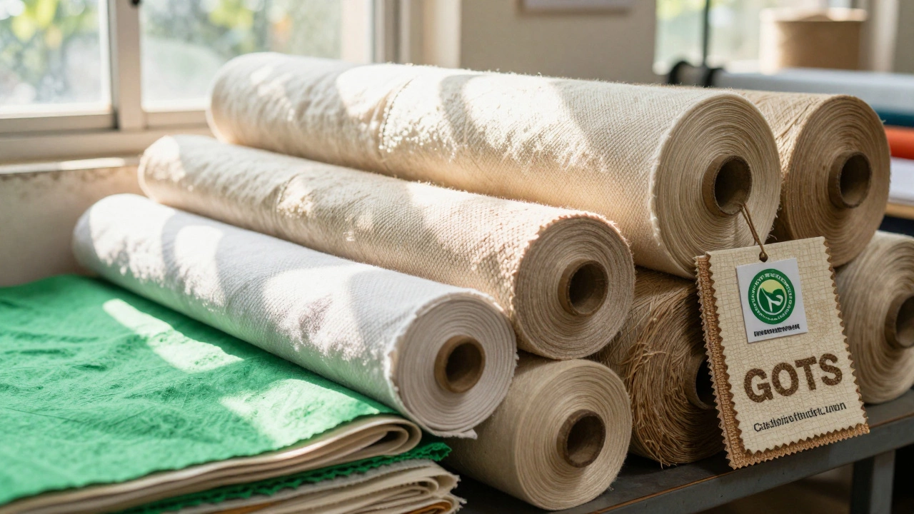 Stacks of certified organic and recycled sustainable fabrics in bright sunlight