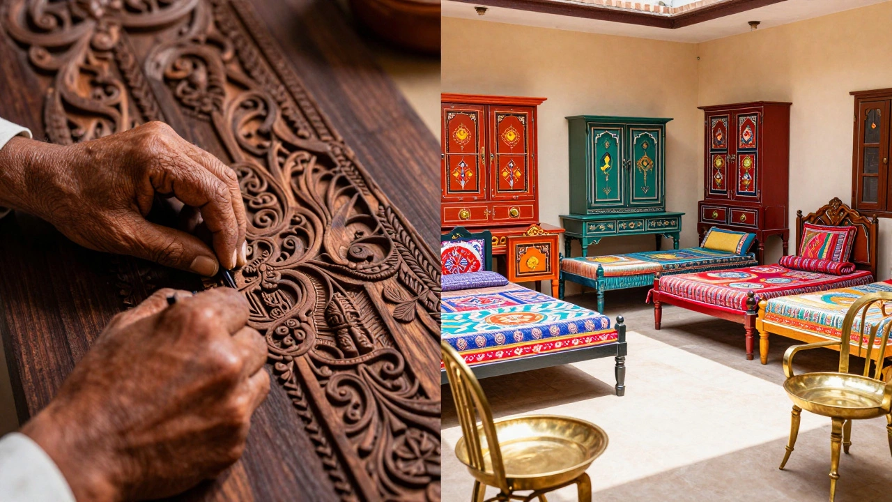 Artisan carving rosewood in Kerala and painted furniture in Rajasthan
