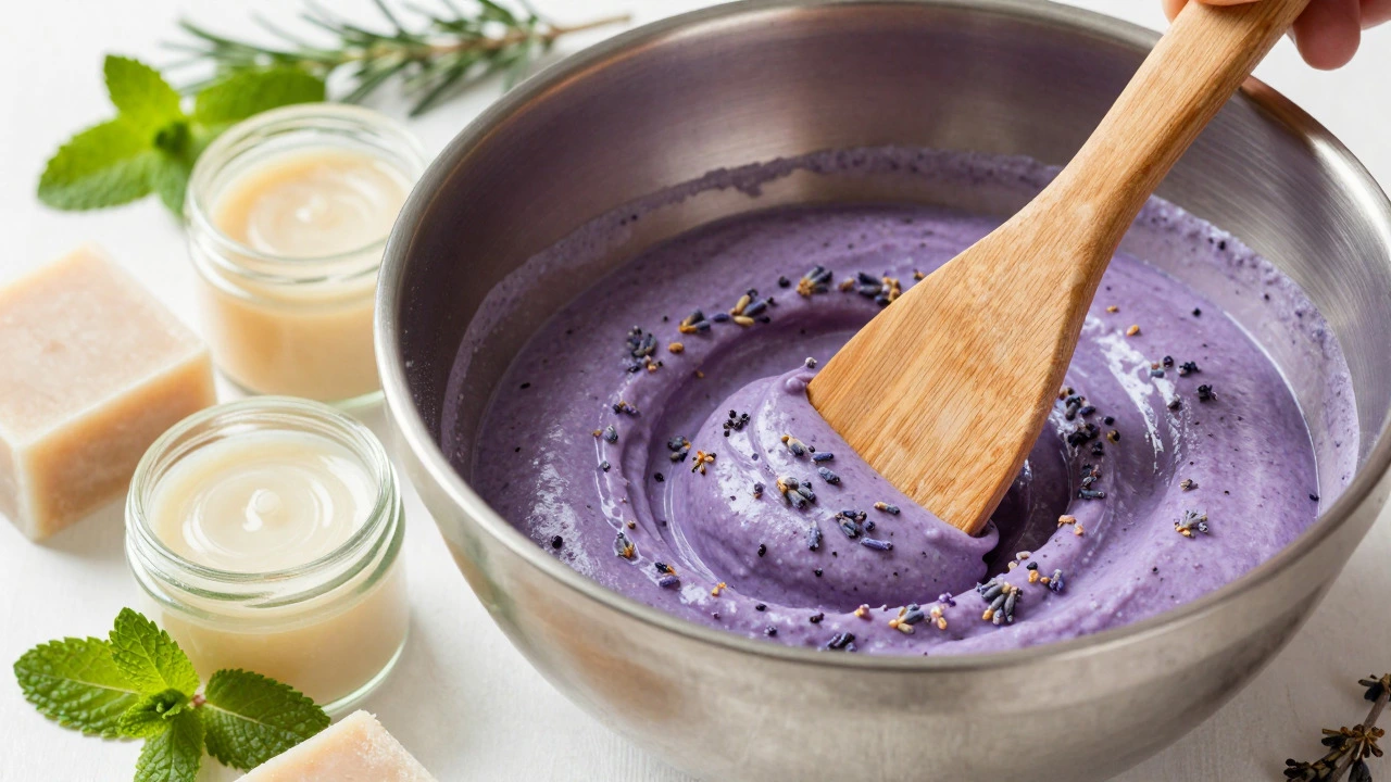 Artisanal natural cosmetics including herbal soaps and lip balms being prepared in a lab
