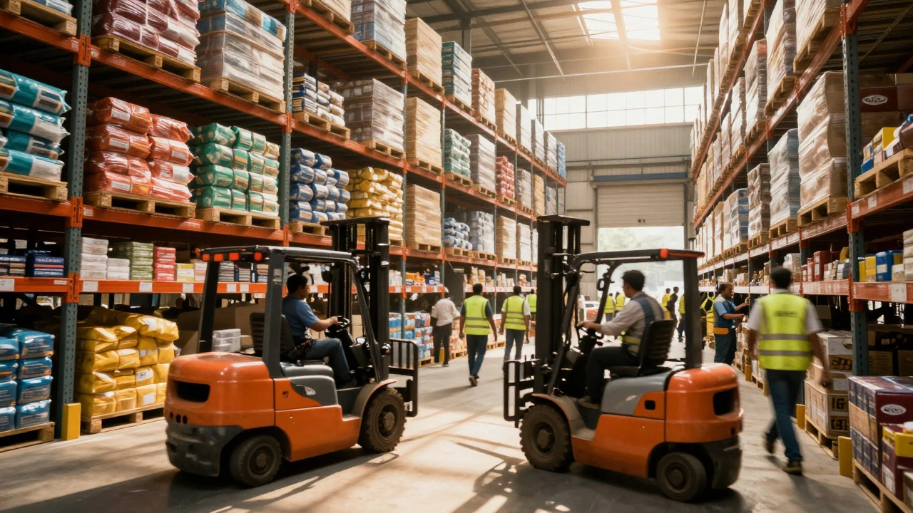Busy warehouse with forklifts moving large volumes of packaged goods efficiently.