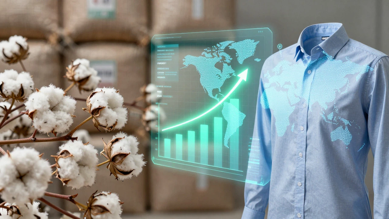 Cotton transforming into shirts with holographic GDP growth charts