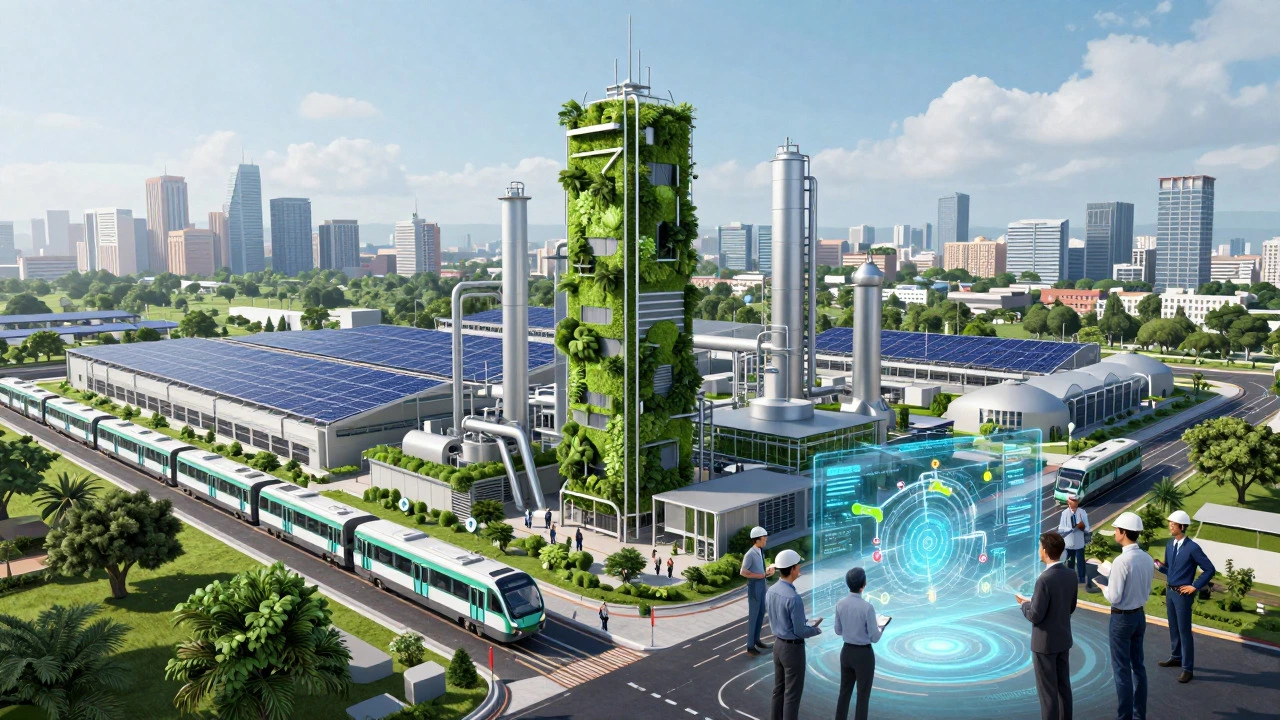 Green smart city with solar factories and engineers planning sustainable growth