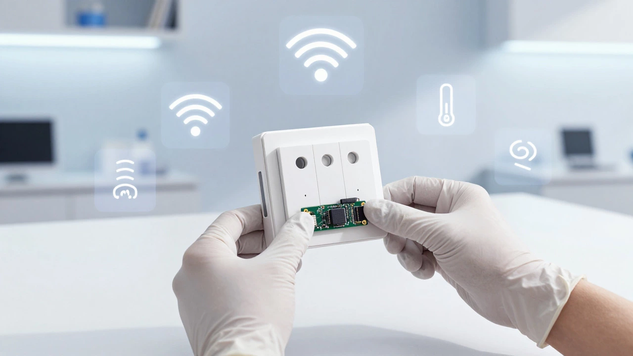 Hands assembling smart home sensor components in a high-tech electronics laboratory