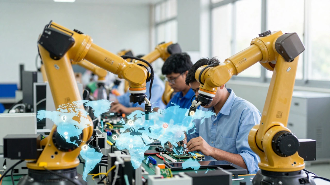 High-tech electronics factory in India with global trade route overlays