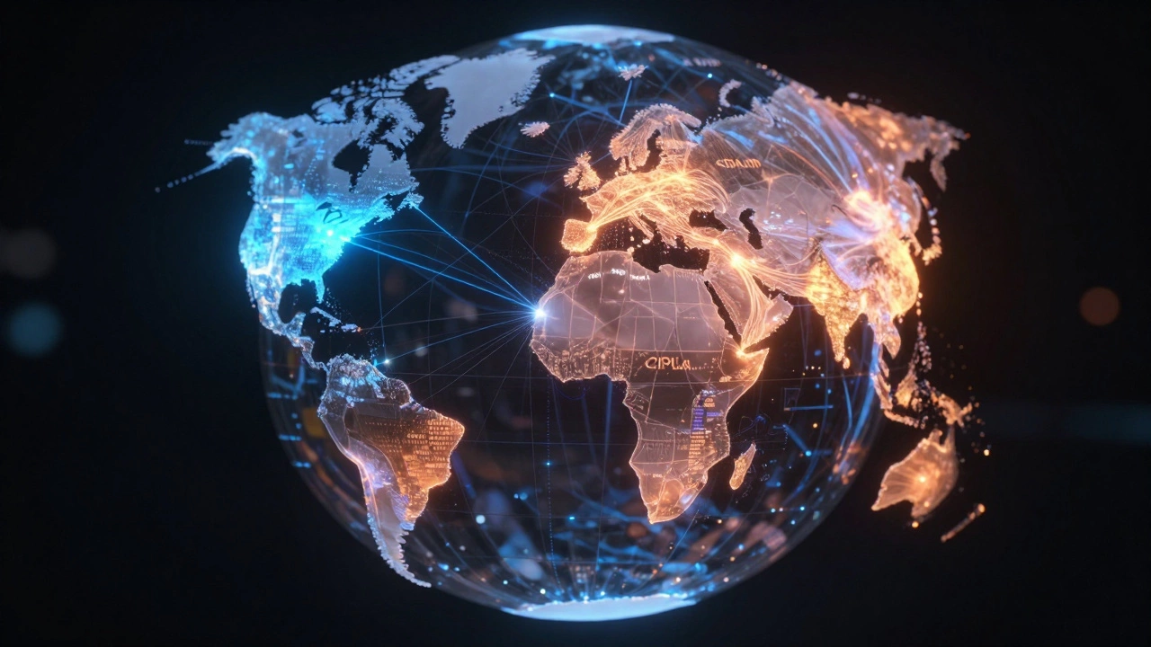 Holographic globe showing global pharma supply chains from India