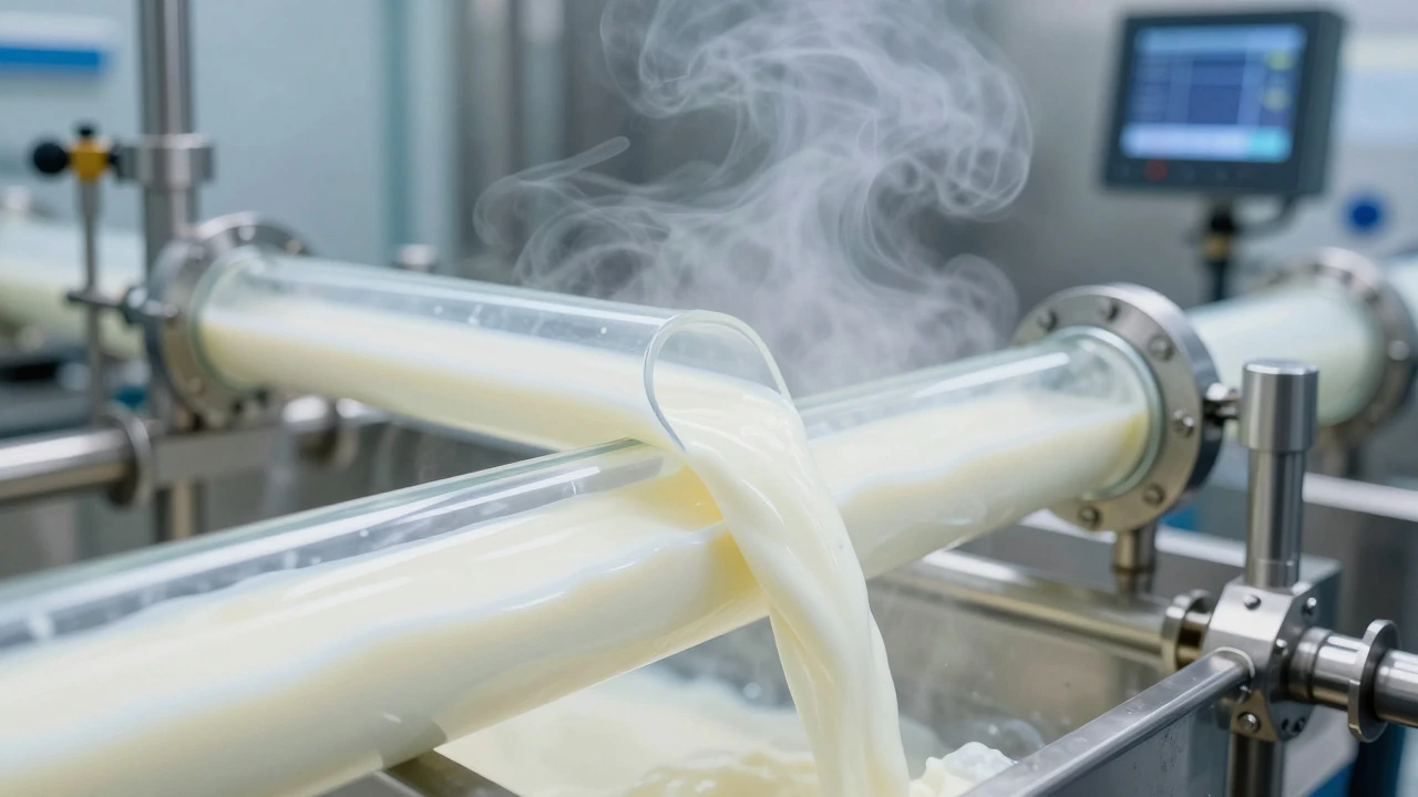 Milk flowing through transparent pasteurization pipes