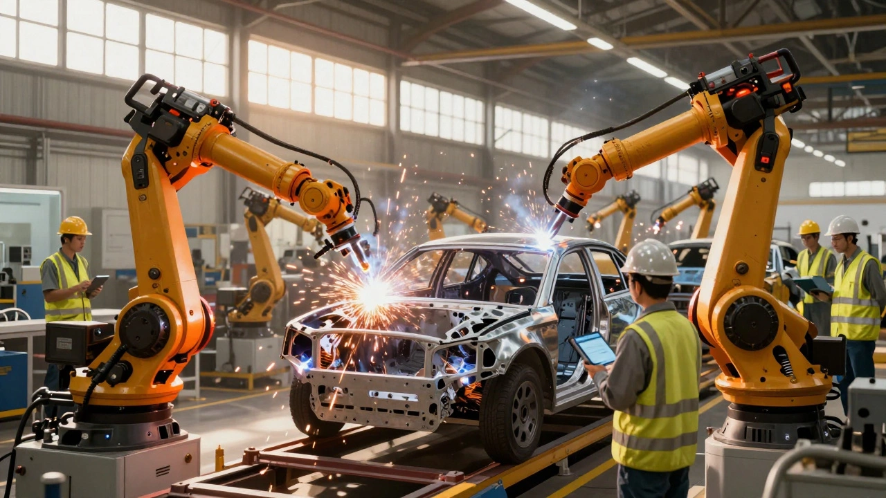Robotic arms welding cars on an automated assembly line