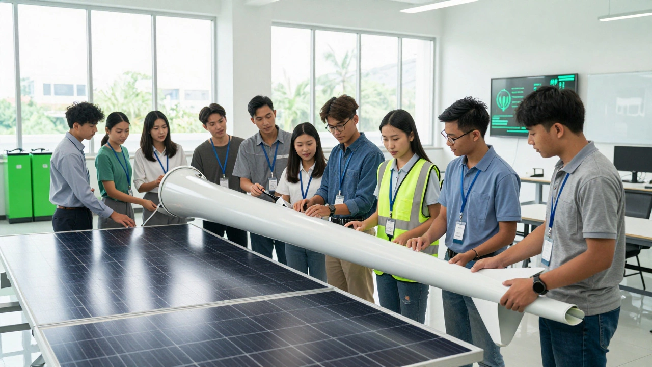 Young engineers working on wind turbines and solar panels