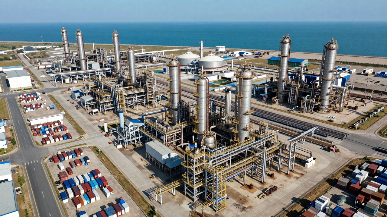 Aerial view of a massive Chinese chemical complex near a port showing extensive industrial scale