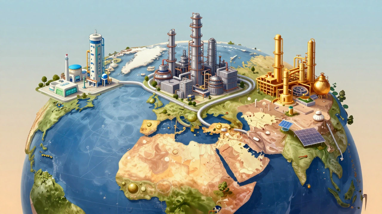 Artistic illustration of US, China, and India industrial zones connected on a global map