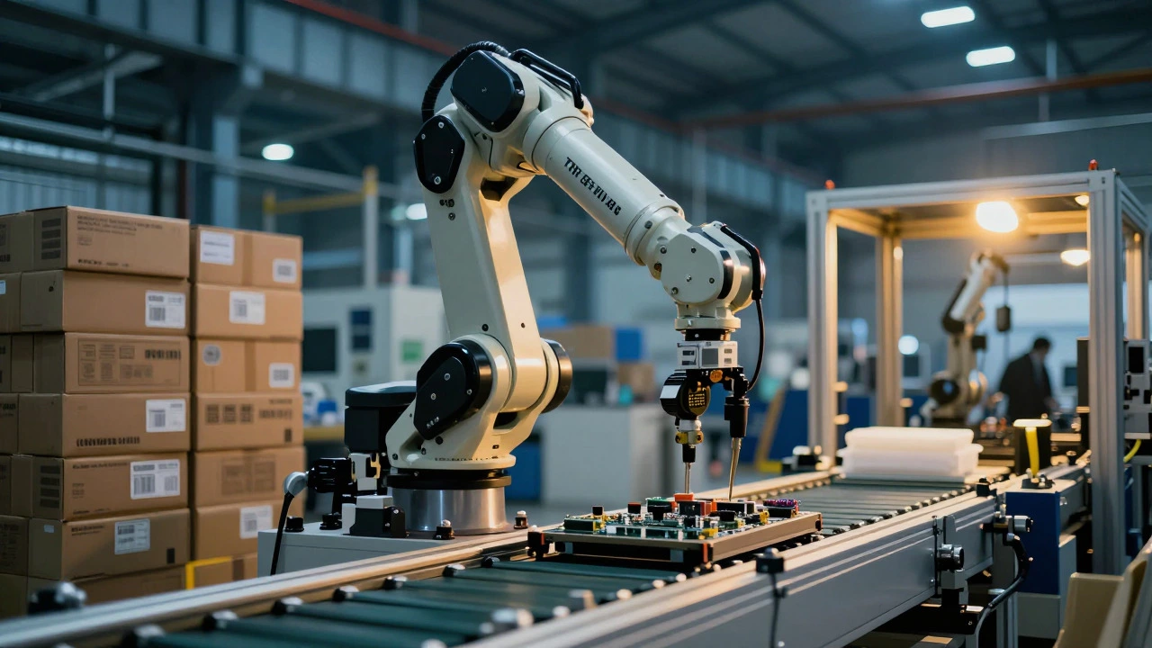 Automated robotic arm assembling electronics inside a bright factory
