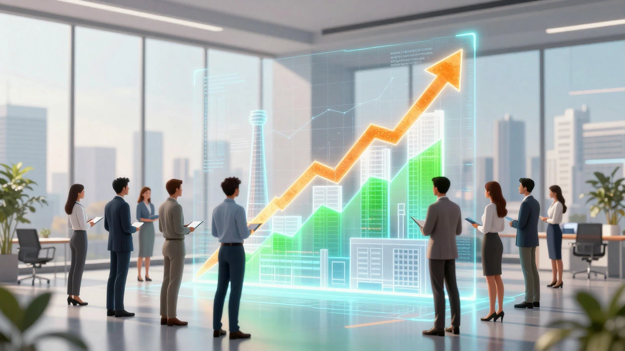 Business professionals viewing a holographic factory growth model