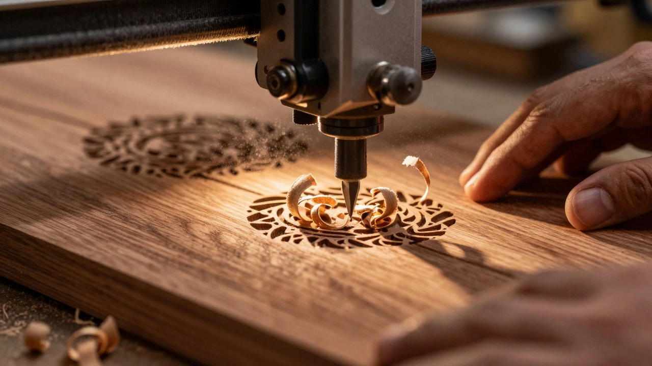 Close-up of CNC machine cutting detailed patterns into solid teak wood