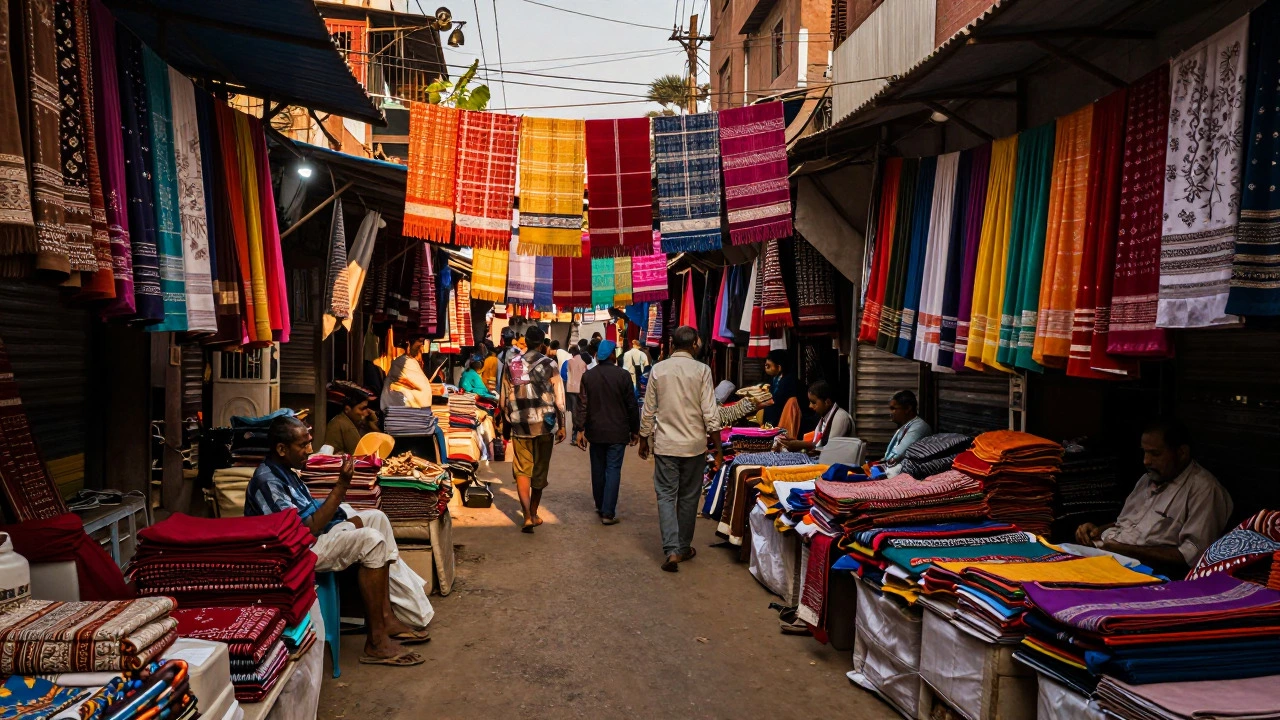 Colorful textiles hanging in narrow lanes of Delhi's Sadar Bazar