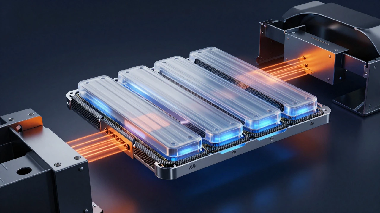 Cross-section of an EV battery housing made from reinforced nylon and carbon fiber composites