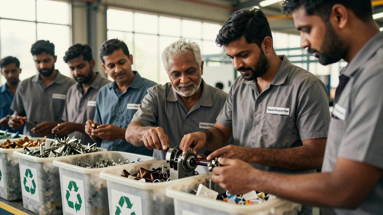 Factory workers collaborating while managing recyclable waste bins