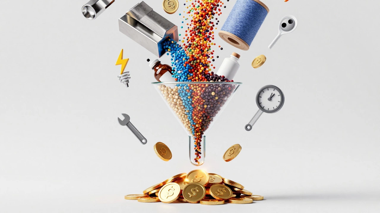 Glass funnel transforming raw materials into gold coins and products