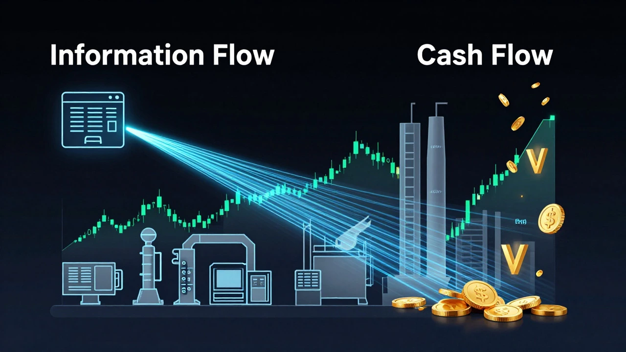 Glowing data streams connecting factory departments to show info flow