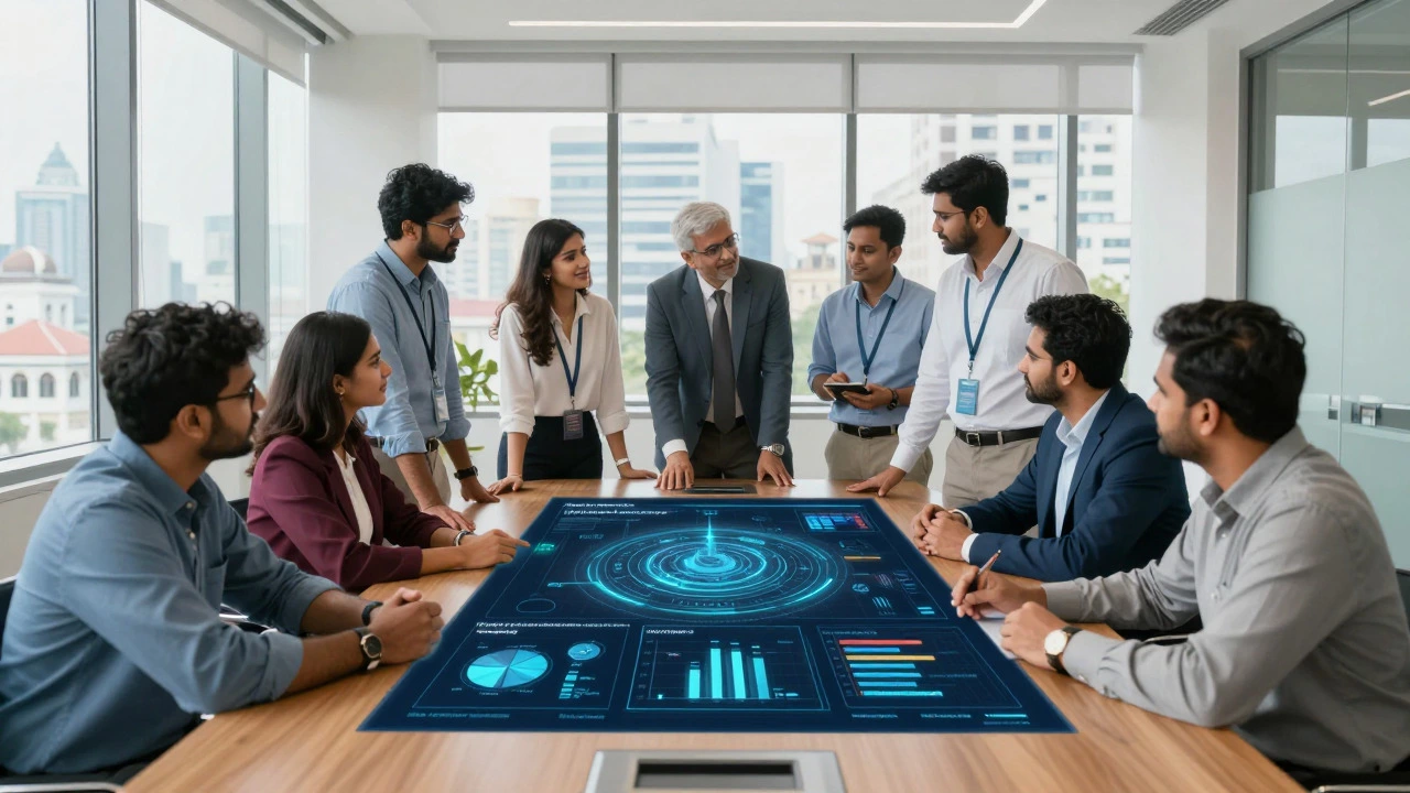 Indian business team analyzing holographic profit charts in office