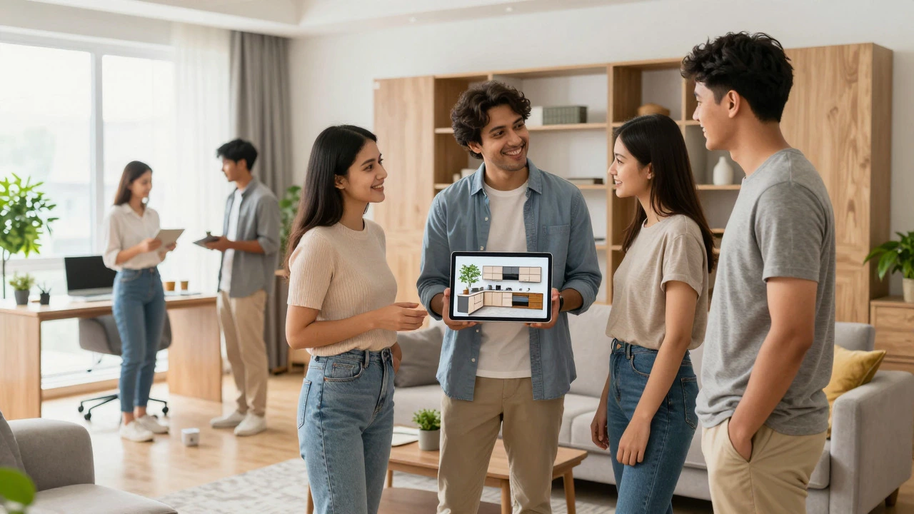 Professionals discussing modular kitchen design in a stylish modern apartment