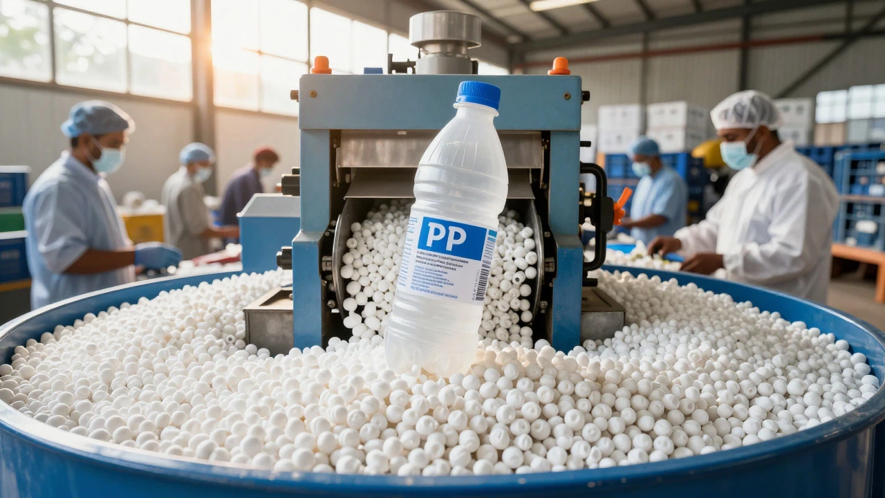 Recycling line processing mono-material PP bottles and caps into pure white plastic pellets