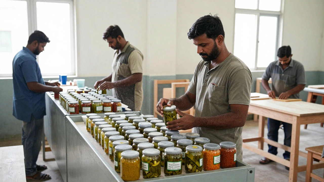 Small-scale manufacturing unit with workers packaging food products and crafting furniture.