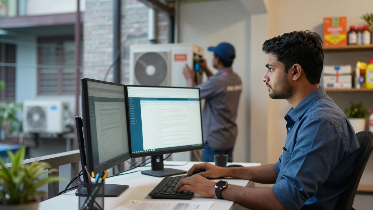 Urban scene showing a remote worker and an AC repair technician representing service SMEs.