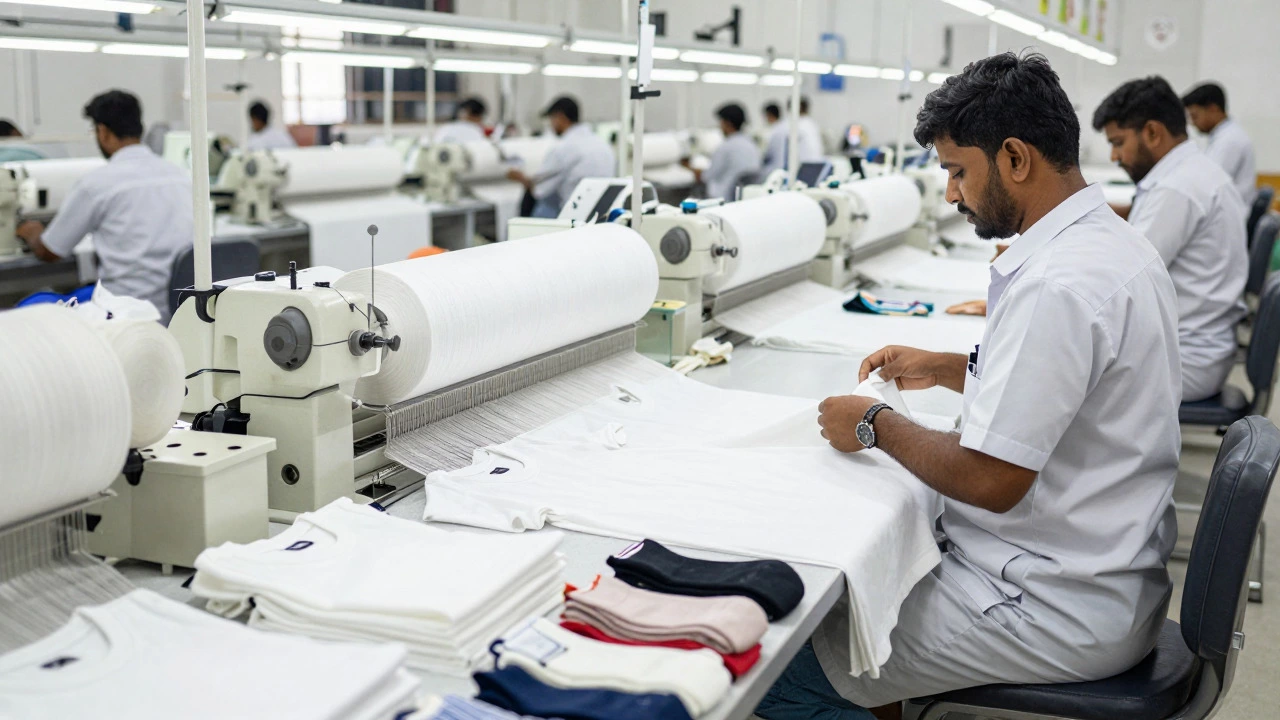 Workers inspecting cotton knitwear in a Tirupur textile factory