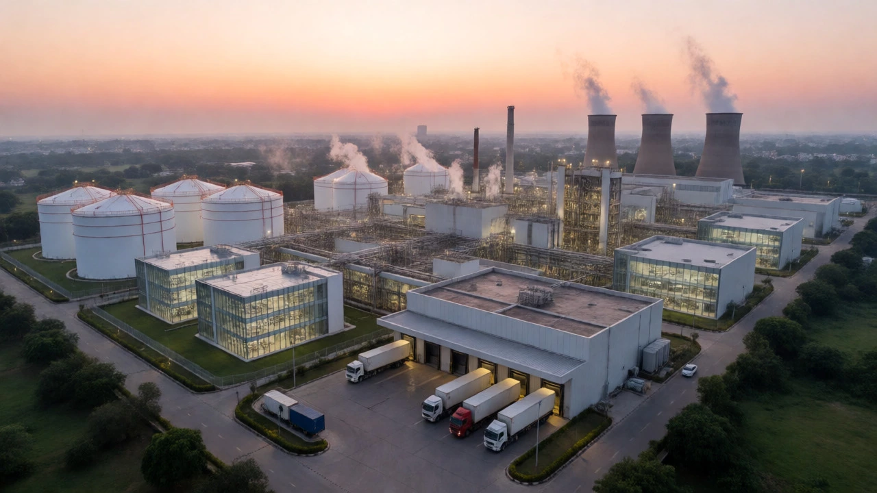 Aerial view of a large Indian pharmaceutical manufacturing plant at sunrise