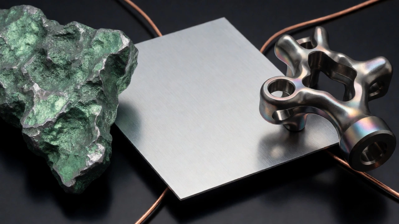 Artistic arrangement of steel, aluminum, titanium, and copper samples