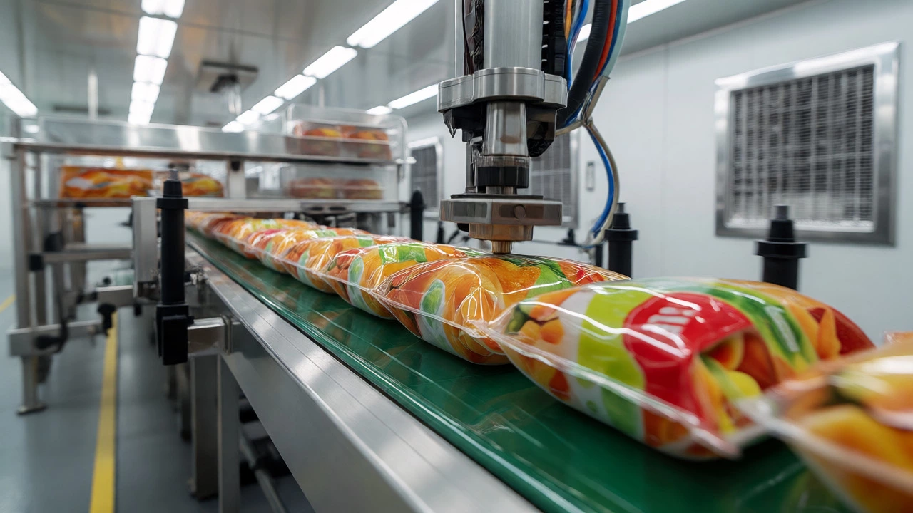 Automated robotic arms sealing packaged snacks on a fast-moving tertiary line.