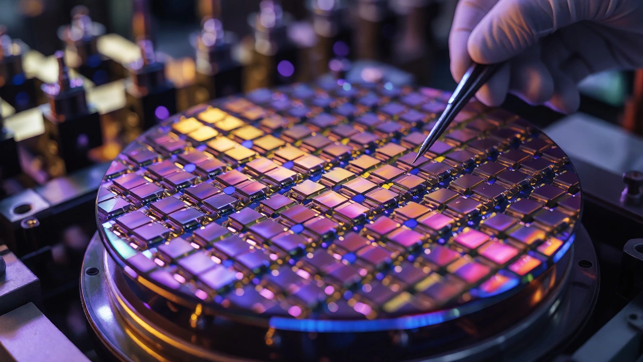 Close-up of a silicon wafer with microchips in a semiconductor fab