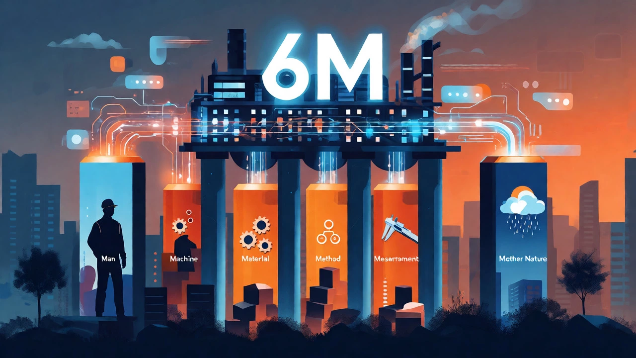 Conceptual visualization of the six pillars of the 6M manufacturing framework
