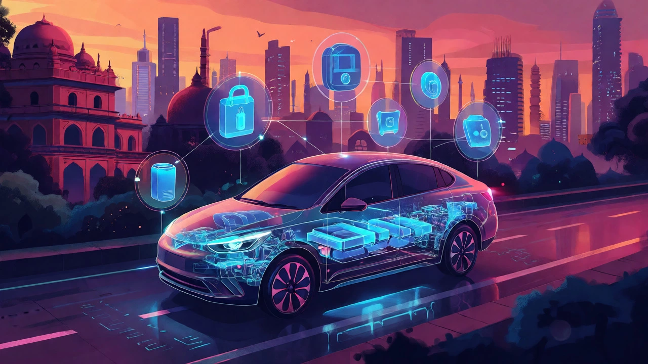 Electric vehicle with visible battery tech surrounded by IoT smart device icons