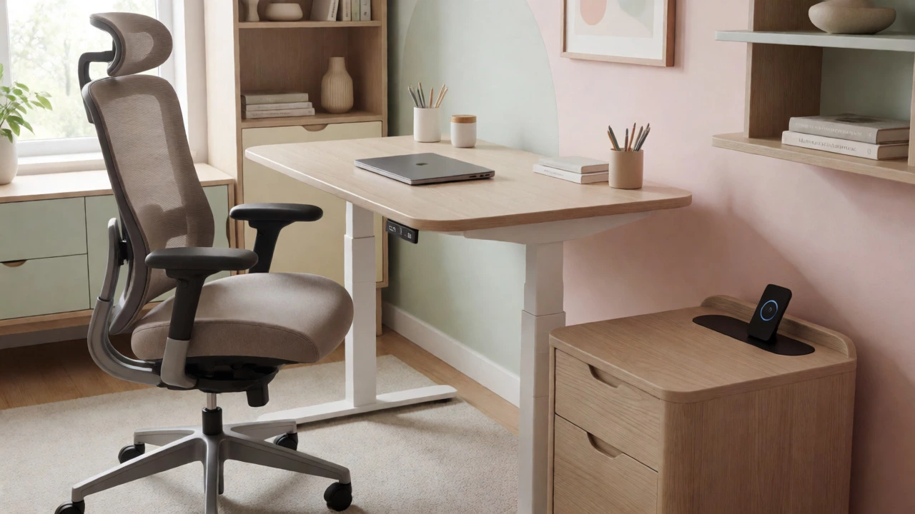 Home office setup with ergonomic chair, adjustable desk, and smart furniture features in a Scandinavian-style room.