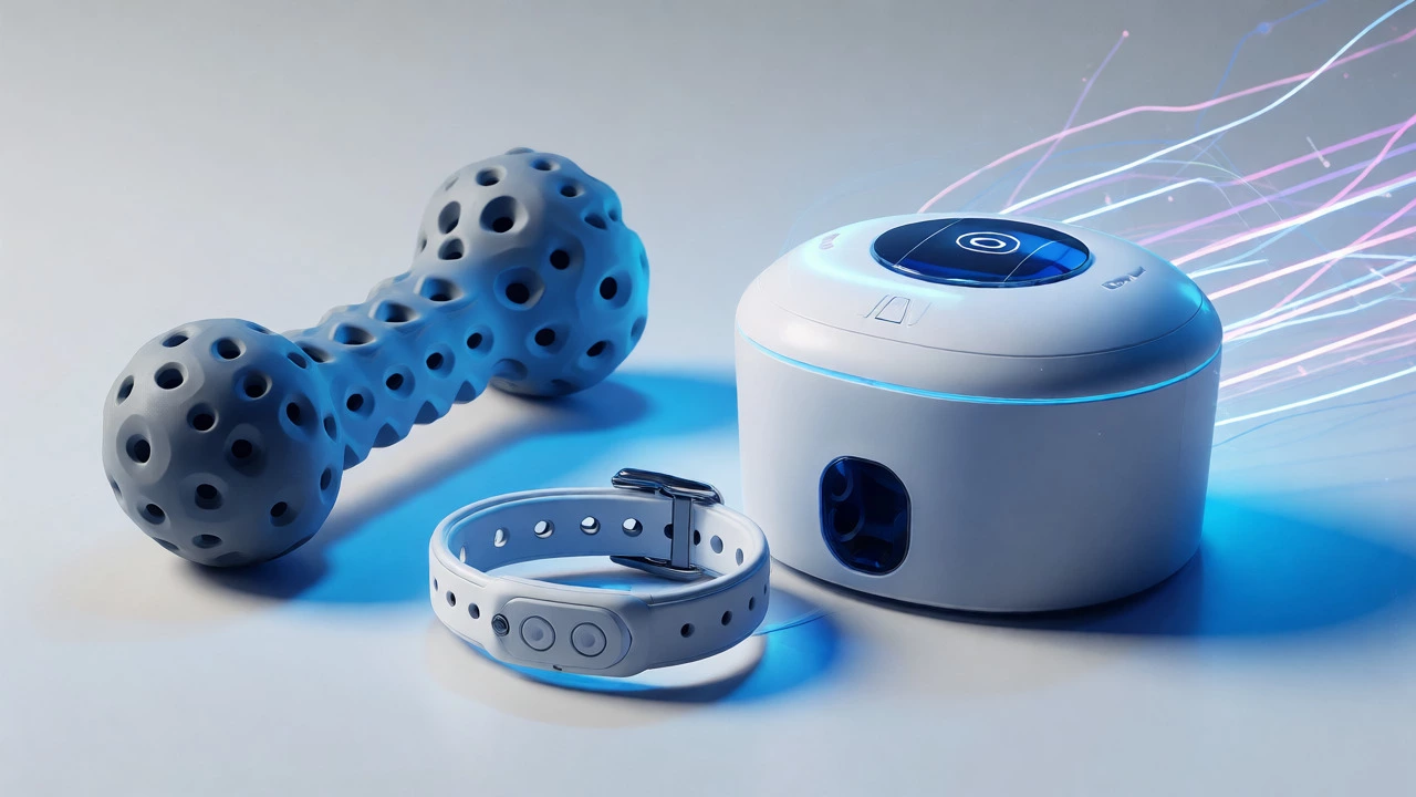 Modern pet tech devices including GPS collar and feeder on a white surface