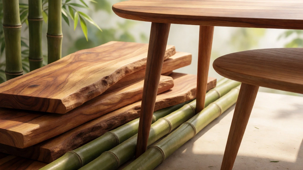 Raw sheesham wood and bamboo materials displayed alongside minimalist furniture parts in an eco-friendly setting.
