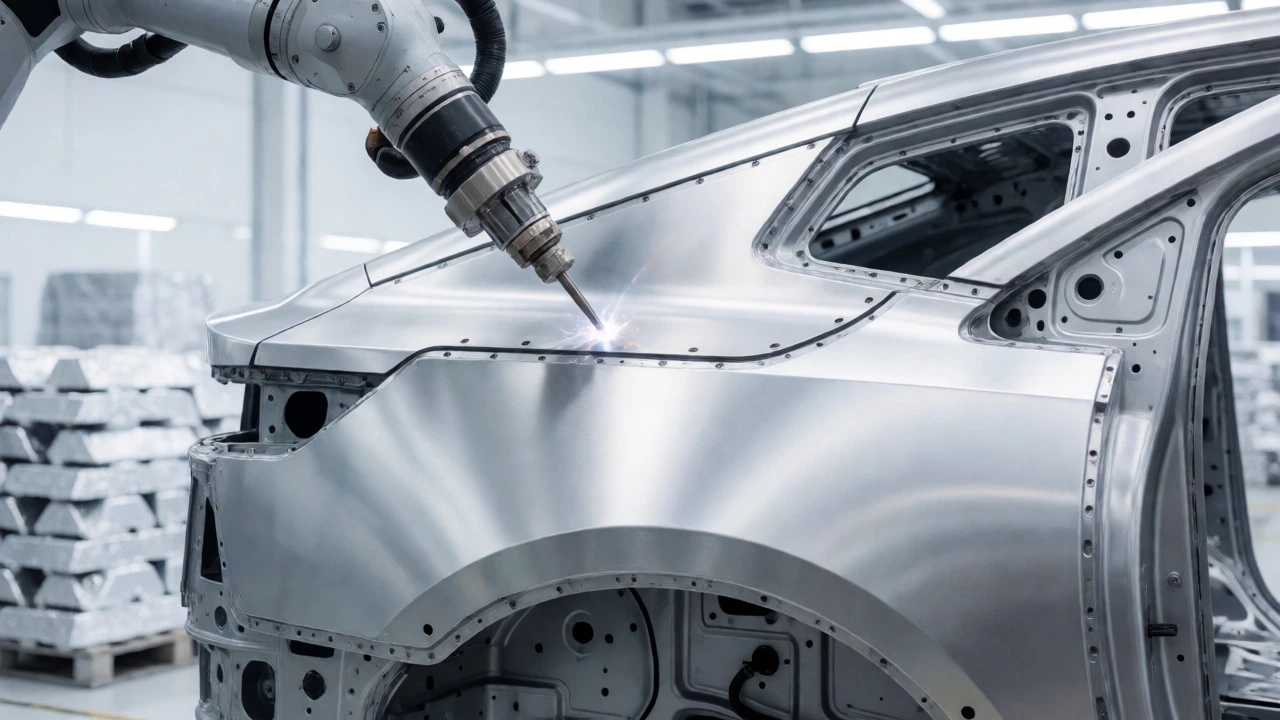 Robotic arm assembling lightweight aluminum panels for an electric vehicle