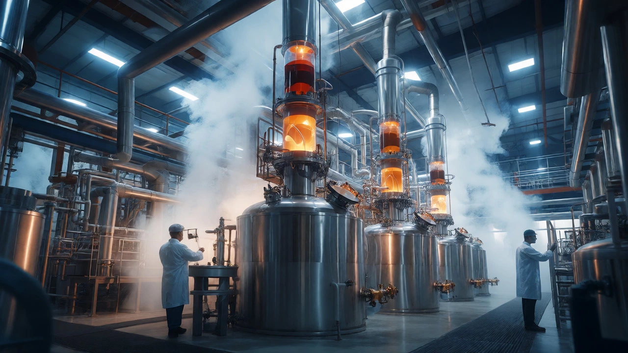 Steam rising from stainless steel tanks in a secondary food extraction plant.