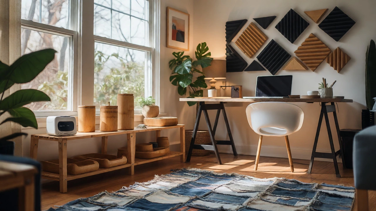 Sunlit home interior with bamboo goods, acoustic panels, and smart sensors