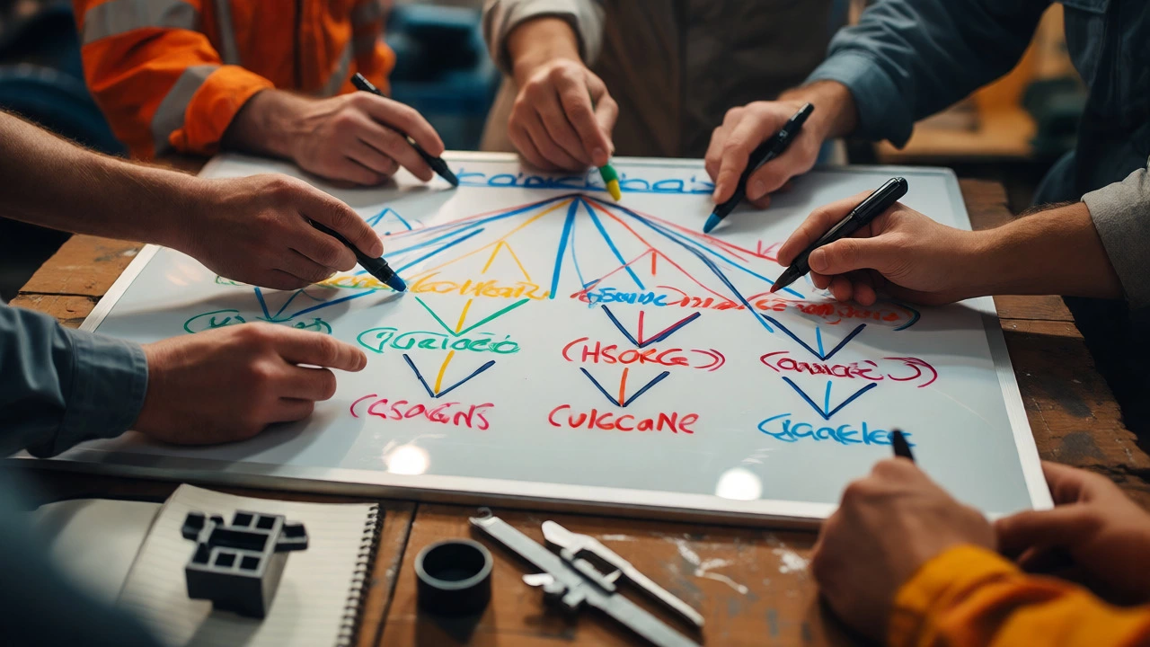 Team analyzing a hand-drawn fishbone diagram on a whiteboard