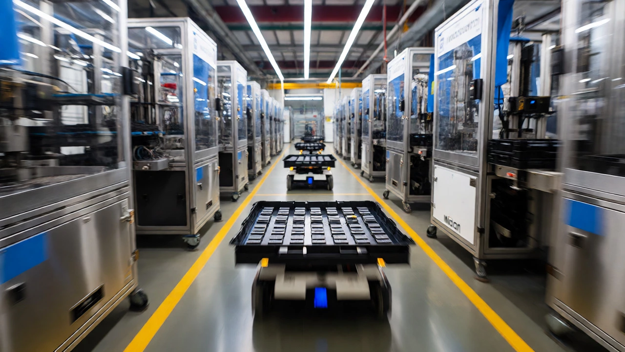 Automated machines packaging memory chips rapidly in a high-volume assembly plant.
