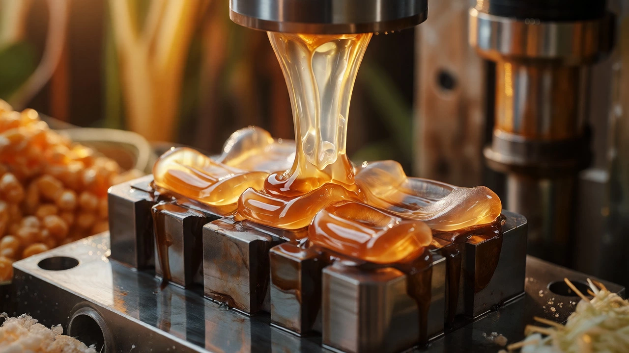 Bioplastic material being injected into mold surrounded by organic elements