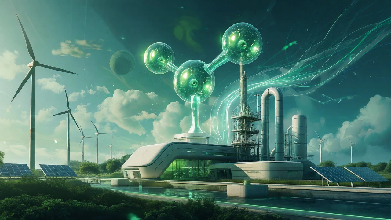 Futuristic illustration of a green hydrogen-powered chemical plant in Gujarat.